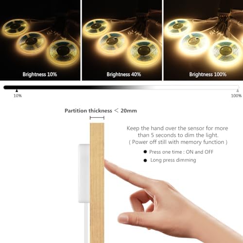 AIMENGTE 12V COB LED Cabinet Lights Strip, 6 x 3.3ft Touch Dimmable 3000K Warm White Lighting for Parallel Wood Slat Wall Panels, Display Cabinets, Wardrobes, Showcases, Shelves - Image 3