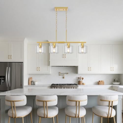 4-Light Brushed Gold Kitchen Island Lighting, Modern Linear Dining Room Chandelier Light Fixtures with Clear Glass and Chain, Mid Century Hanging Lights for Kitchen Island, OS-YQ8153-4ISBGC - Image 5