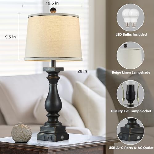 28" Tall Farmhouse Table Lamps with USB C+A Ports and AC Outlet, 3 Way Touch Control Rustic Bedside Lamps for Bedroom, Black Vintage Nightstand Lamps for Living Room Office - Image 4