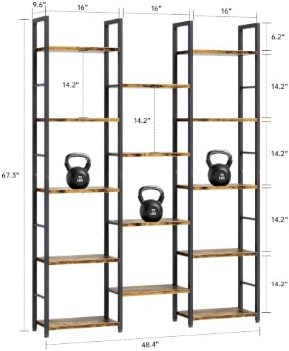 Shintenchi Triple Column 5 Tier Bookshelf, Industrial Large Bookcase Display Shelves, Large Etagere Bookshelf,Wide Book Shelf Book Case for Home & Office, Rustic Brown - Image 2