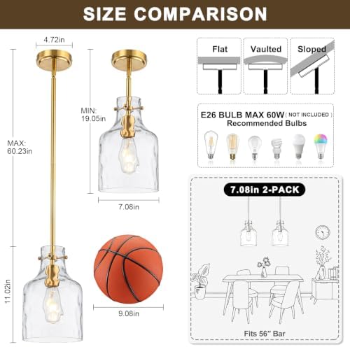 WILON Pendant Light Fixtures,Glass Pendant Lighting for Modern Kitchen Island Adjustable Hanging Ceiling Light 7" Hammered Glass Shade Pendant Lights for Dining Room Kitchen Sink, Gold Metal Finish - Image 2