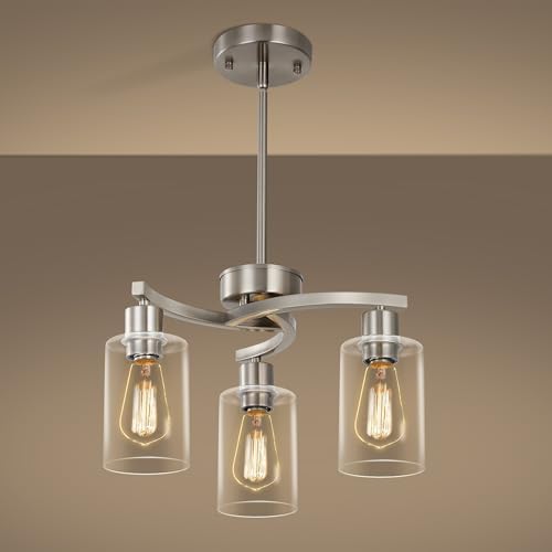 CNRATYE 3-Light Brushed Nickel Pendant Lighting for Kitchen Island, Hanging Dining Room Light Fixtures Over Table, Industrial Chandelier for Entryway Hallway Foyer Bedroom, Clear Glass Shade by CNRATYE
