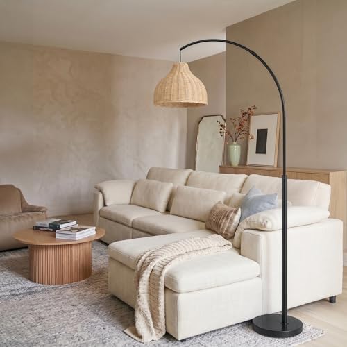 Brightech Lark Standing LED Floor Lamp for Bedroom, Living Room, Office - Modern Tall Corner Arc Lamp with Boho Hanging Rattan Shade - Bright Bedside Reading Light - Black - Image 6