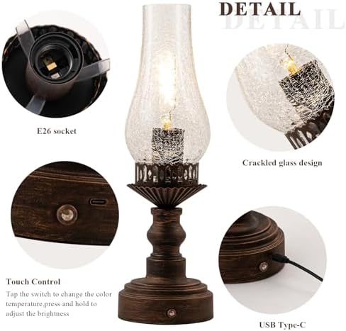Vintage Touch Control Cordless Table Lamp, Rechargeable Rustic Table Lamp, Battery Operated Portable Retro Table Lamp, 3-Color Dimmable for Bedroom, Nightstand (Transparent) - Image 6