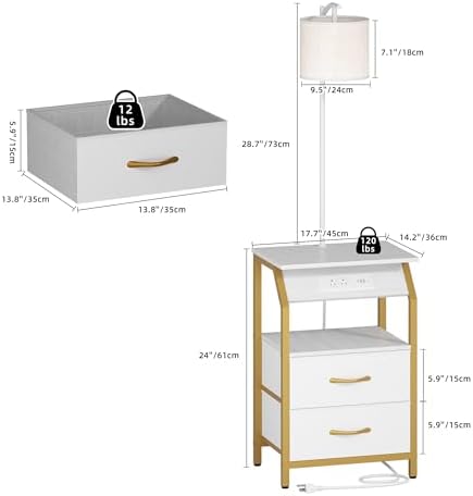 End Table with Floor Lamp, Nightstand with Charging Station, Floor Lamp Table with 3-Color Temperature Bulb, Bedside Table Night Stand with 2 Drawers for Bedroom, Living Room, Gold - Image 2