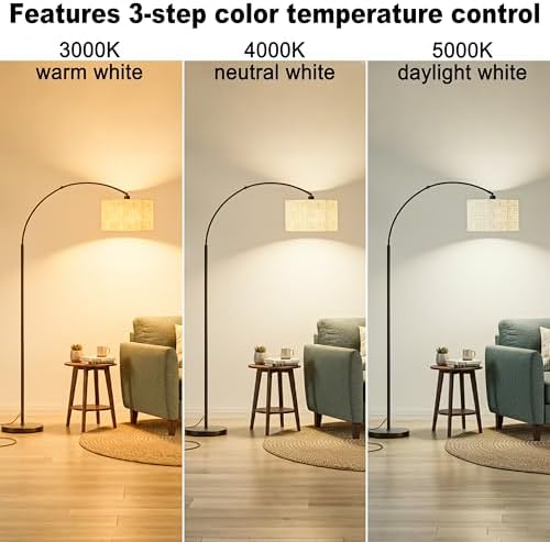 marctronic Arc Floor Lamp for Living Room, 71" Arched Standing Lamp for Bedroom, Beige Fabric Shade, 350° Rotating Head, 3000K-6000K Adjustable Color Temperature, Foot Switch, E26 LED Bulb Included - Image 3