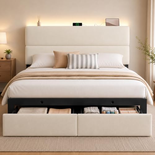 Queen Bed Frame with 2 Storage Drawers, Beige Velvet Upholstered by UHTNHome