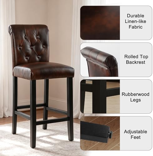 LSSBOUGHT 24 Inches Leather Counter Height Stools Set of 4 with Solid Wood Legs Bar Chairs for Kitchen lsland & Dining Room(Brown,4PCS) - Image 3