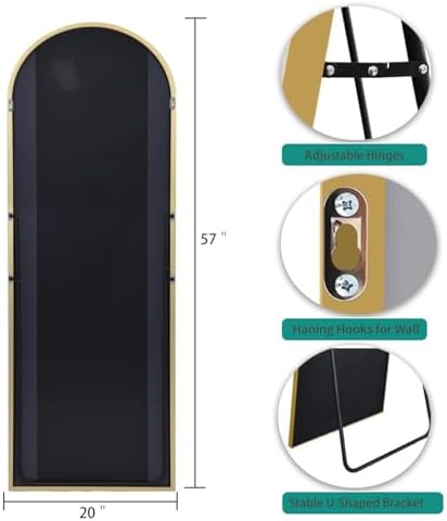57"x20" Arched Full Length Mirror, Full Floor Mirror with Stand, Large Full Body Mirror, Wall Mirrors for Bedroom Living Room, Aluminum Frame (Gold) - Image 4