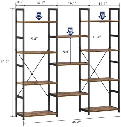 NUMENN Triple Column 4 Tier Bookshelf with 11 Adjustable Shelves, Vintage - Image 3
