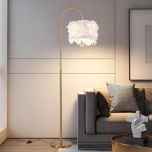 Arc Feather Floor Lamp, Gold Modern LED Feather Standing Lamp, Natural Feather Decorative Tall Lamp with Foot Switch, Brass/Gold Finish, for Living Room Bedroom Office Shop Window by KardleenFocusOnIndoorLight