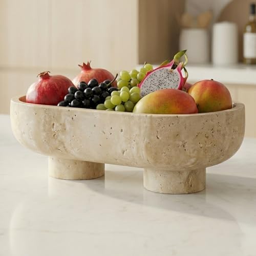 Travertine Oval Bowl with Base, 10 Inch Handmade Natural Stone Decorative Bowl for Home Decor, Modern Key Bowl for Entryway Table, Fruit Candy Dish & Candle Holder for Kitchen Countertop by Unknown