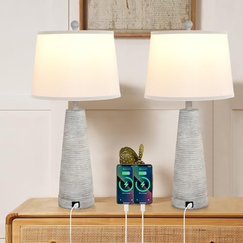 Terpsichore Nightstand Lamp Bedside Lamps Set of 2 Vintage Rustic Farmhouse Table Lamp 3 Way Dimmable Horizontal Stripe Light,for Living Room Bedroom,USB A+C (White, High 27 Inch) by Terpsichore