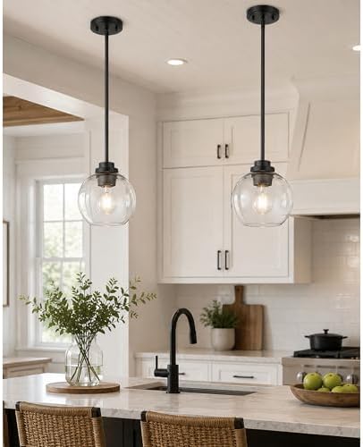 Pendant Lights Kitchen Island 2 Pack, 7" Modern Black Hanging Lights Fixtures with Clear Glass Globe Shade, Kitchen Island Lighting for Bathroom, AD-22280-1P2-BK-C by Audickic