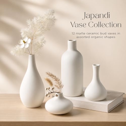 Set of 12 White Ceramic Vase for Pampas Grass Flowers, Japandi Small Vases in Bulk for Wedding Centerpieces, Shelf and Table Decorations, Living Room and Bedroom Decor, DIY Gift - Image 2