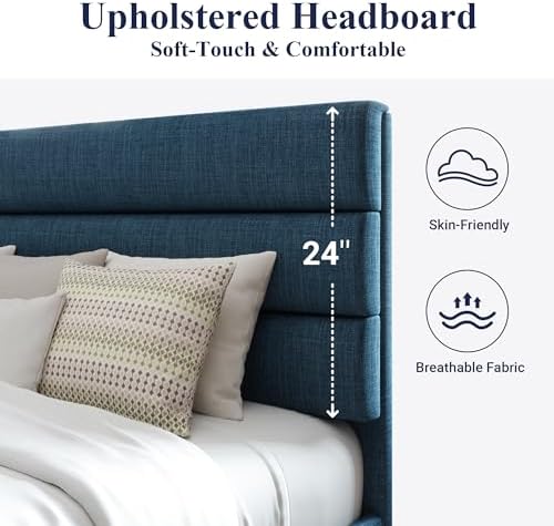 Allewie King Size Platform Bed Frame with Fabric Upholstered Headboard Blue - Image 4