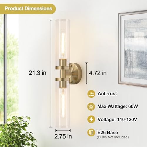 Wall Sconces Set of Two, Hardwired Brass Bathroom Sconces Wall Lighting with Clear Glass, Modern Sconces Wall Decor Set of 2 Vanity Light fixtures for Bathroom Mirror Bedroom (Bulbs Not Included) - Image 4