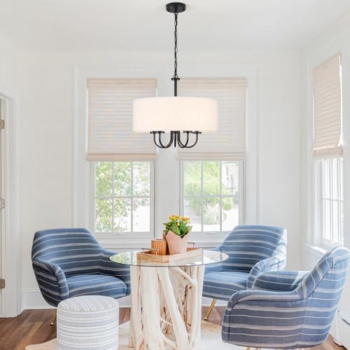 5 Lights Drum Chandelier for Dining Room 19" Modern Farmhouse Black Chandeliers with Shades Round Pendant Light Fixtures Linen Hanging Chandeliers for Bedroom Living Room Kitchen Over Table Foyer - Image 6