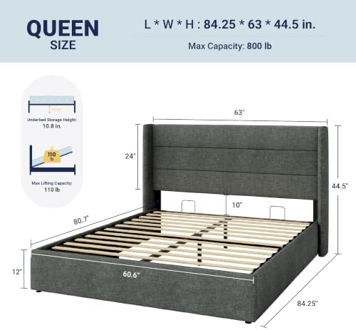 Allewie Queen Size Lift Up Hydraulic Storage Bed Frame Dark Grey - Image 2