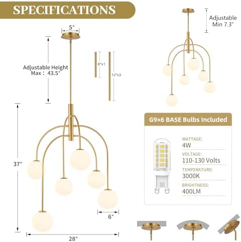 LamQee 6 Lights Mid Century Modern Chandelier, Milk Glass Globe Chandelier Light Fixture with Gold Metal & White Ball, Large Pendant Lighting Ceiling Hanging for Dining Room Kitchen Island Entryway - Image 6
