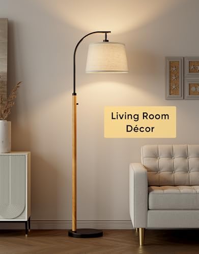 Dimmable Floor Lamp for Living Room, 65" Tall Metal Standing Lamp with LED Bulb, Mid Century Modern Arc Floor Lamp with Linen Shade for Bedroom, Reading Room, Office & Nursery, Black&Natural Color - Image 7