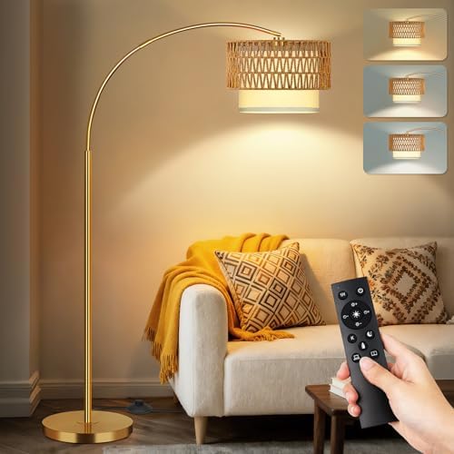 Gold Floor Lamps for Living Room, Arc Floor Lamp with Remote & Dimmable Bulb, Boho Standing lamp with 3 Color Temperatures, Adjustable Rattan & Fabric Shades Tall Lamp, Over Couch Reading Lamp by LAMP