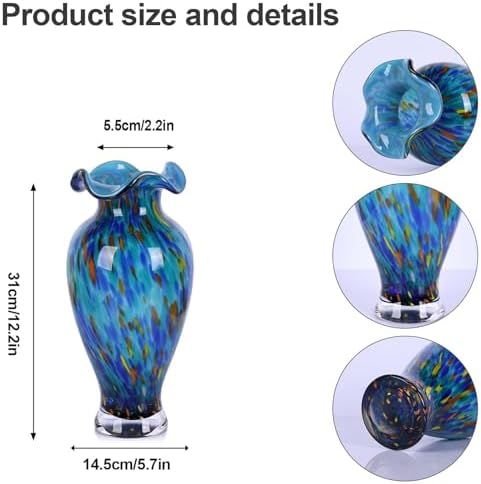 12.2H Murano Hand Blown Glass Vase, Ruffled Scalloped Rim Wide Mouth Colorful Decorative Flower Vase,Large Glass Centerpiece for Living Room,Bathroom,Office,Bookshelf,Entryway,Mantel Decor(Light Blue) - Image 3