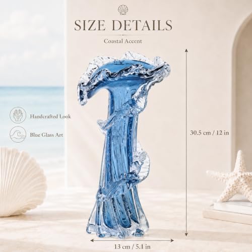 Blue Blown Glass Vase, Modern Art Hand Blown Coastal Vase,Beautiful Unique Ocean Wave Centerpieces for Living Room, Bedroom, Office Desktop,Coffee Table and Wedding Decorative (Blue, L) - Image 3