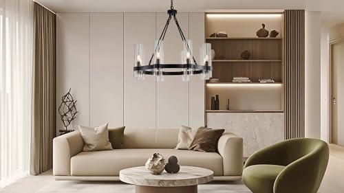 26 Inch Black Wagon Wheel Chandelier with Glass Shade, 8 Lights, Modern Farmhouse Style, Ideal for Dining Room, Kitchen, Entryways - Image 2
