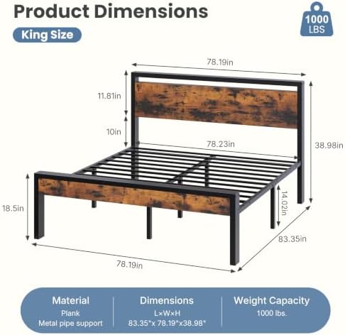 Sweetcrispy King 14 Inch Bed Frame with Wood Headboard, Rustic Brown - Image 2