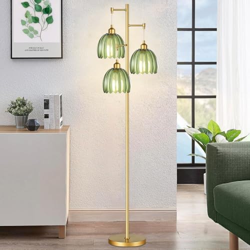 QIYIZM Gold Floor Lamp for Living Room,Bedroom,Mid Century Modern Standing Lamp Brass Tree 3 Light Tall Floor Lamps Vintage Retro Floor Lights Glass Green Flower Lamp Shade Farmhouse Boho Bohemian - Image 6