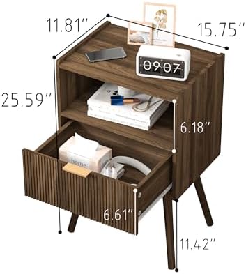 JOONEE Nightstand,Modern Bedside Table with Storage Drawer and Open Wood Shelf, for Living Room, Bedroom and Small Spaces, Accent Night Stand with Solid Wood Legs, Easy Assembly,Walnut Brown - Image 2