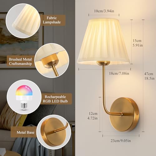 Cordless Wall Sconces Set of 2, Dimmable 15 Colors Rechargeable Battery Operated Wall Sconces, Wireless Gold Vintage Wall Sconce with Fabric for Bedroom Living Room Hallway Wall Decor - Image 2