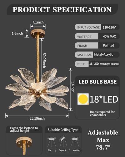 Modern Tree Branch Leaf Chandelier, 18-Light 25.59" Luxury Gold Pendant Lighting, LED 40W 3000K Warm White Chandeliers, Adjustable Height for Living Room, Dining Room, Bedroom, Kitchen Island - Image 5