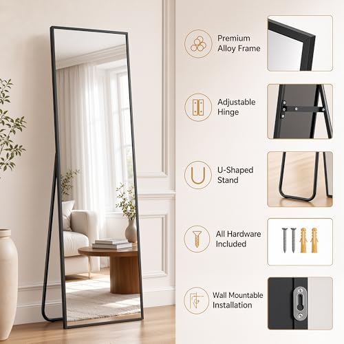 Antok Full Length Mirror, 76"x34" Floor Mirror with Stand, Black, Rect - Image 3