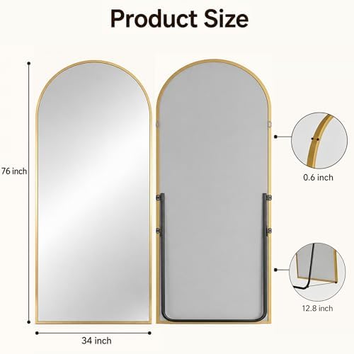 Antok Full Length Mirror, 76"x34" Floor Mirror with Stand, Gold, Arched - Image 7