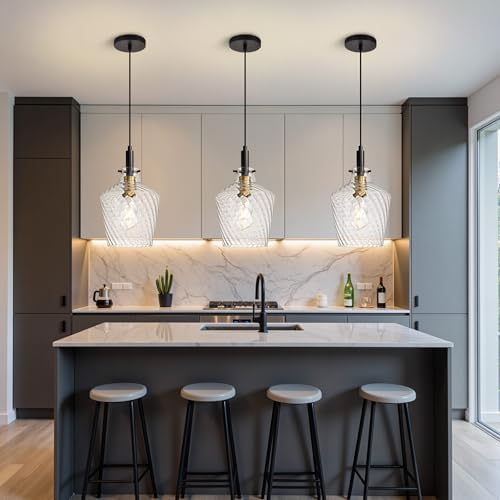 Stripes Clear Glass Pendant Light for Kitchen Island Black Gold 8 Inch - Image 2