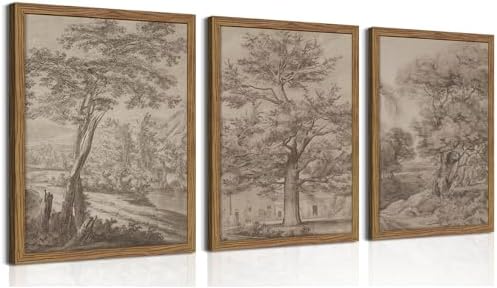 Framed Vintage Landscape Wall Art Set of 3, Wabi Sabi Tree Canvas Wall Decor Paintings, Neutral Rustic Botanical Artwork Prints Pictures for Farmhouse Living Room Bedroom 12x16 Inch by fancynewWallArt