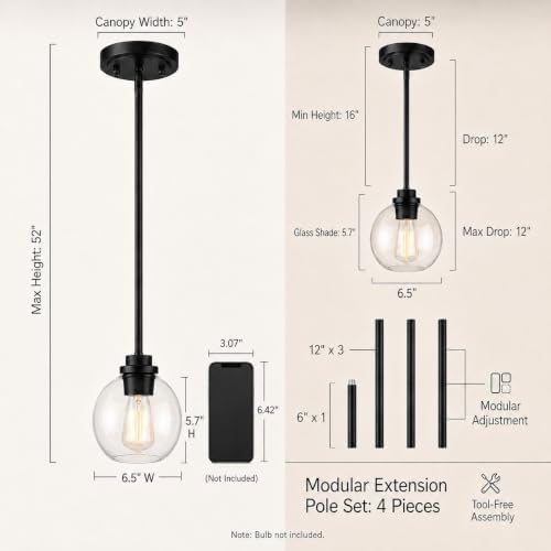 Black Globe Pendant Light, 2-Pack Modern Clear Glass Hanging Fixture - Image 3