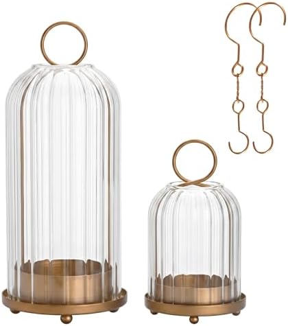5" & 4" Metal Candle Holder with Ribbed Glass Candle Lanterns Set of 2, Vintage Windproof Hurricane Pillar Candle Holder, Decorative Table Centerpiece Patio Decor, Brass - Image 6