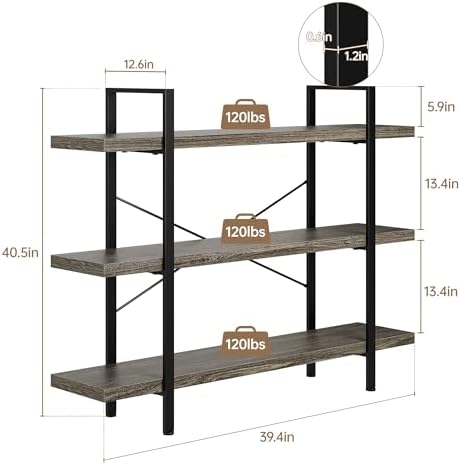 OtterOasis Heavy Duty 3 Tier Industrial Bookcase for Home Office, Grey - Image 2