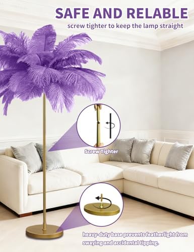 Feather Floor Lamp,Fluffy Ostrich Feather Floor Lamp for Bedroom,3 Color Temperatures Led Corner Modern Floor Lamps for Living Room Christmas Home Decor House Warming Gifts,63″ Height (Light Purple) - Image 6