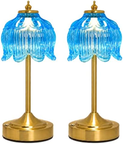 Lotus Flower Table Lamp, Cordless Rechargeable Amber Glass Bedside Lamp | 3600mAh Battery, Touch Control, 3 Color Modes & Stepless Dimming for Bedroom, Nightstand Lake Blue 2PC by Unknown