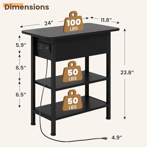 GRUSIGN End Table with Charging Station, Flip Top Side Table with USB Ports and Outlets, 3-Tier Small Side Table with Storage for Small Space, End Tables for Living Room/Bedroom, Black - Image 3