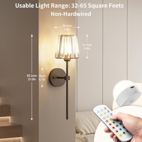 Crystal Battery Operated Wall Sconces Set of 2, Black Rechargeable Wireless Wall Sconce Lights with Crystal Lampshade, 12 RGB and 3CCT Dimmable Wall Lamps with Remote for Bedroom Living Room Hallway - Image 3