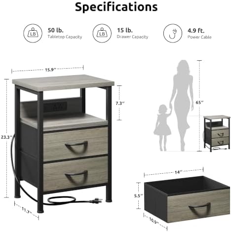 Lazzanto Night Stand with Charger Station, 2 Fabric Drawers, Grey - Image 3