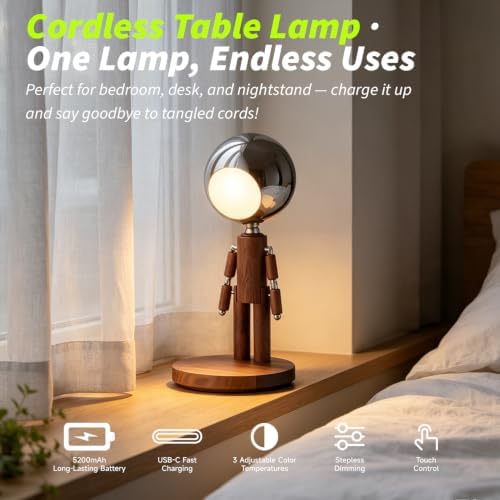 Cordless Table Lamp Wooden Rechargeable Touch Dimming Bedside - Image 2