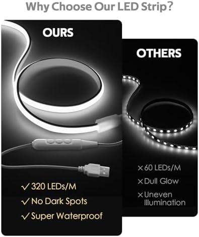 2M COB LED Rope Light Outdoor USB Powered 6.6FT 5V LED Light Strip with Dimmer Daylight White 6000K Dimmable 640LEDs/2M Waterproof IP67 Flexible LED Strip Light for Indoor Room TV Backlight - Image 3