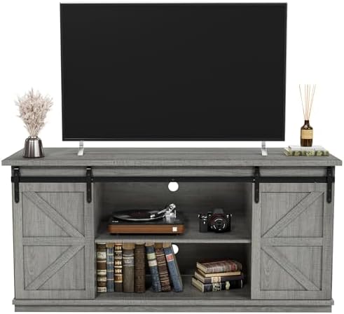 JUMMICO TV Stand for 65 Inch TV, Sliding Barn Doors, Pale Gray by JUMMICO