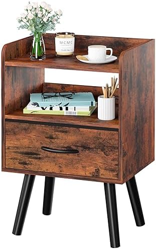 Yoobure Night Stand with Fabric Drawer, Modern Nightstand, Bedside Tables, Mid Century Nightstands with Open Storage Shelf, Wood Bedside Table, Small Night Stands for Bedrooms, 2-Tier Night Table by Yoobure